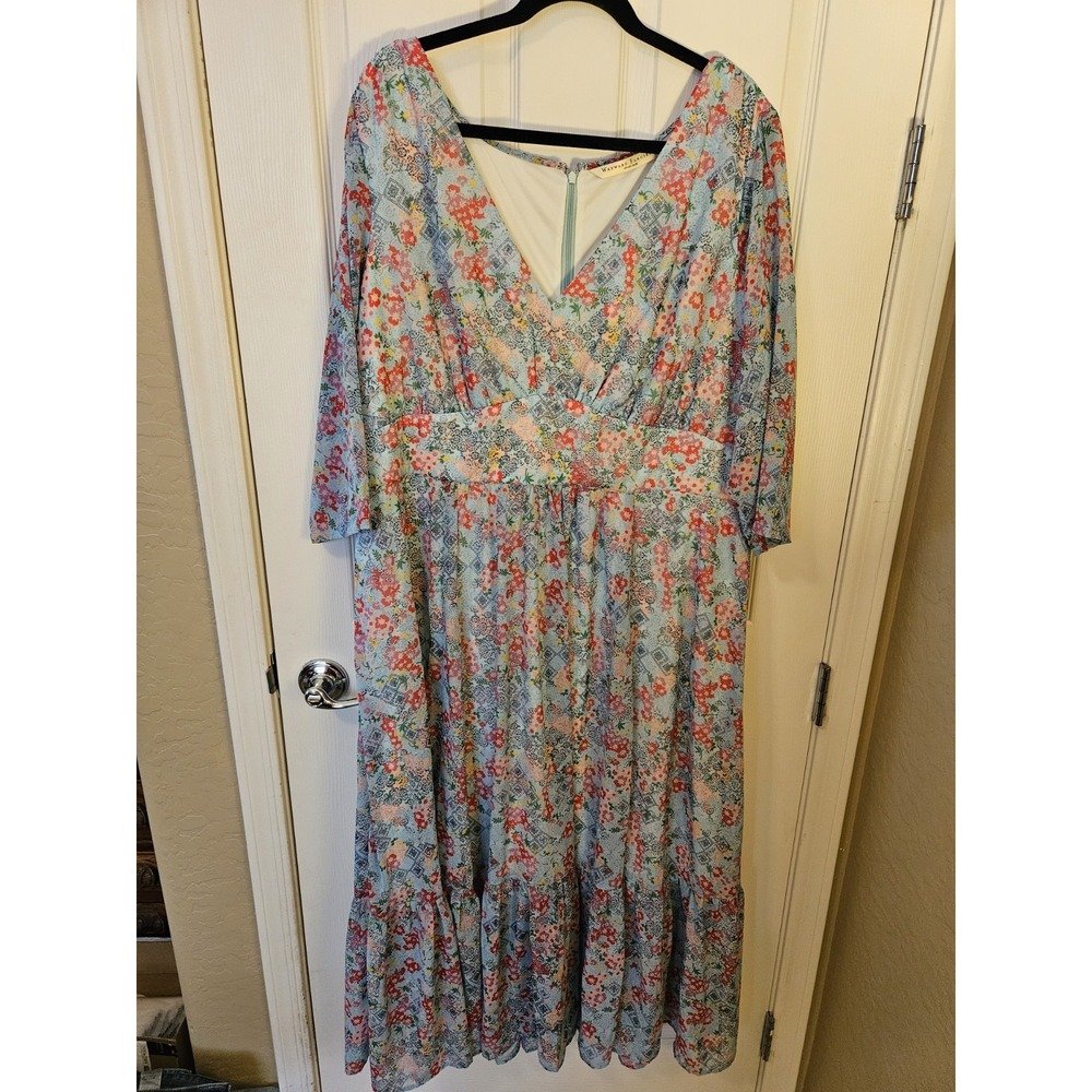 eShakti Wayward Fancies 3/4 Sleeves Floral V-Neck Lined Pockets Maxi Dress, +2X